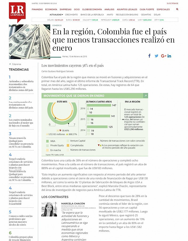 En la regin, Colombia fue el pas que menos transacciones realiz en enero